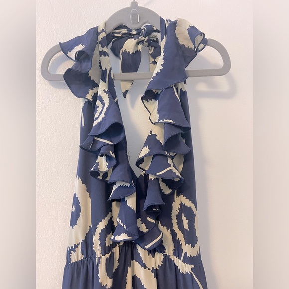 Amanda Uprichard Ruffle Halter Mini V neck dress in Navy/Cream Pattern - Small - Picture 5 of 12